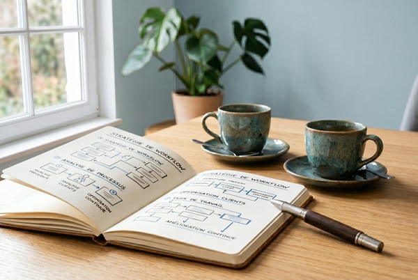 Cahier de note avec un stylo et 2 tasses de cafés.
