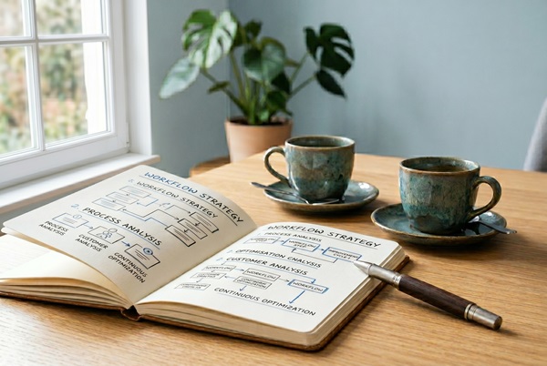 A workflow on a notebook, a pencil and 2 coffee cup on a desk.
