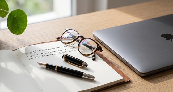 Un portable fermé avec un cahier de note avec un stylo et des lunettes.
