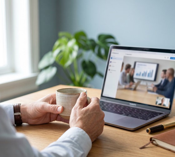 Un professionnel qui tiens une tasse de café et qui regarde une téléconférence sur son portable.