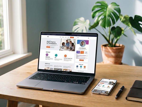 A laptop displaying website templates on a desk along a cellphone and a pencil.