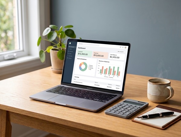 Un portable qui affiche un tableau de bord financier sur un bureau.